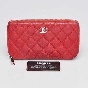 Chanel Red Quilted Calfskin Leather CC L Gusset Zip Wallet